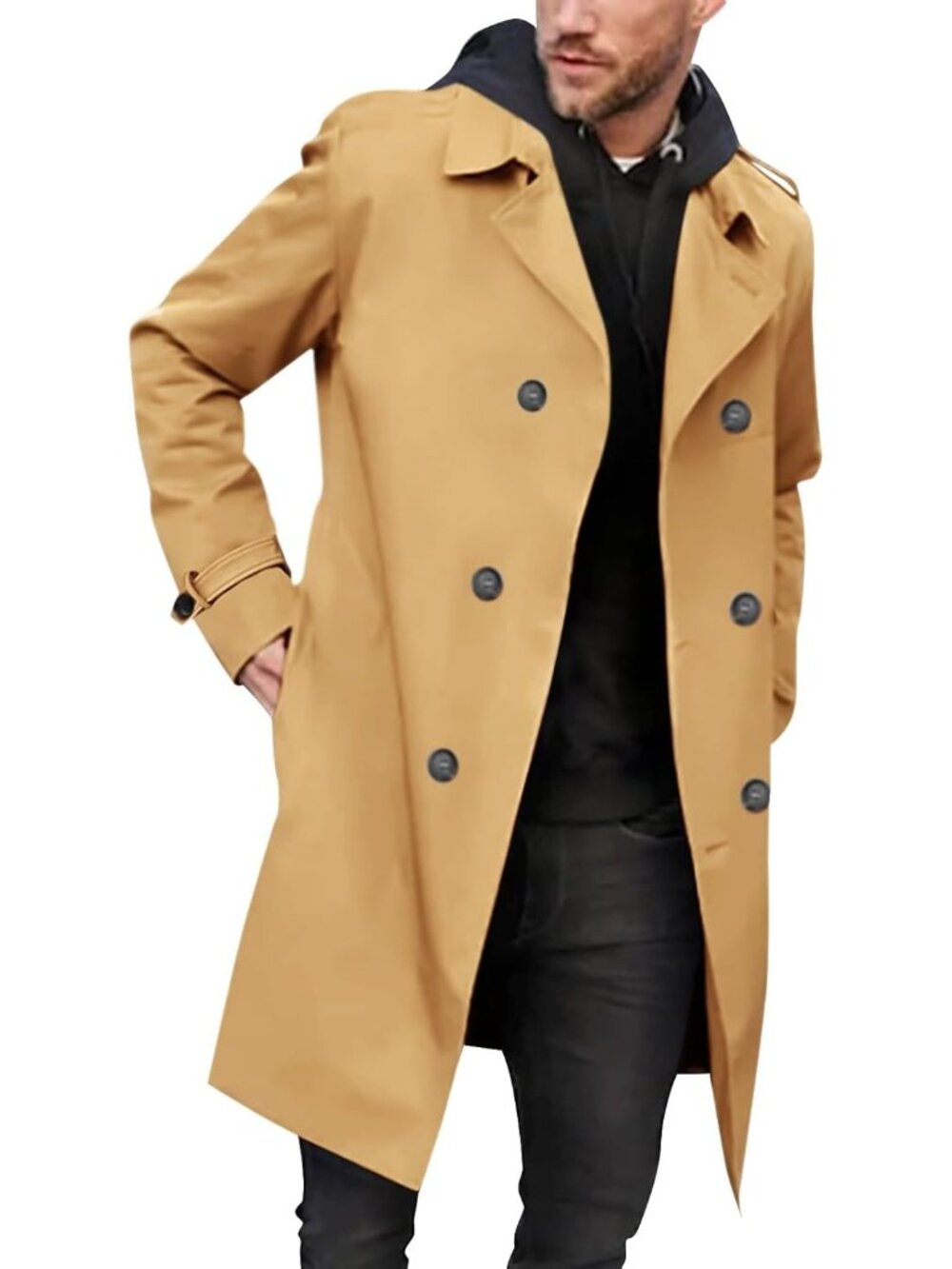 Mens Brown Double Breasted Trench Coat Notched Lapel Slim Fit Long Overcoat